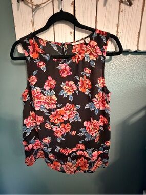 Halogen Black Floral Sleeveless Camisole with Pink & Coral Blooms